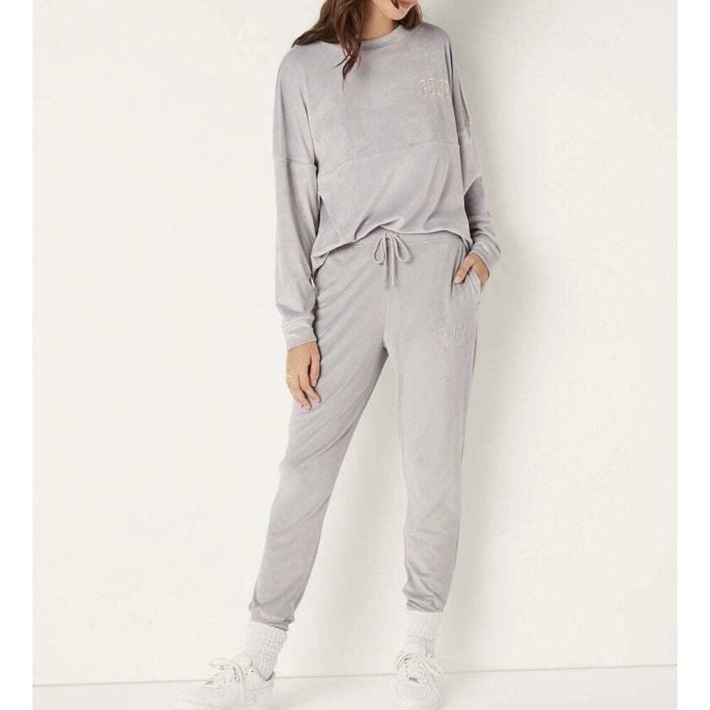Victoria’s Secret PINK Track Suit Plus 2XL Velour Sweatshirt & Jogger Gray Y2K